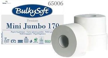 Bulkysoft Premium Papier Toaletowy Mini Jumbo 2 Warstwowy, 170 M. Gładki, 100% Czystej Celulozy, Łatwo Rozpuszczalny Wodzie , 12 Rolek W Zgrzewce. (65