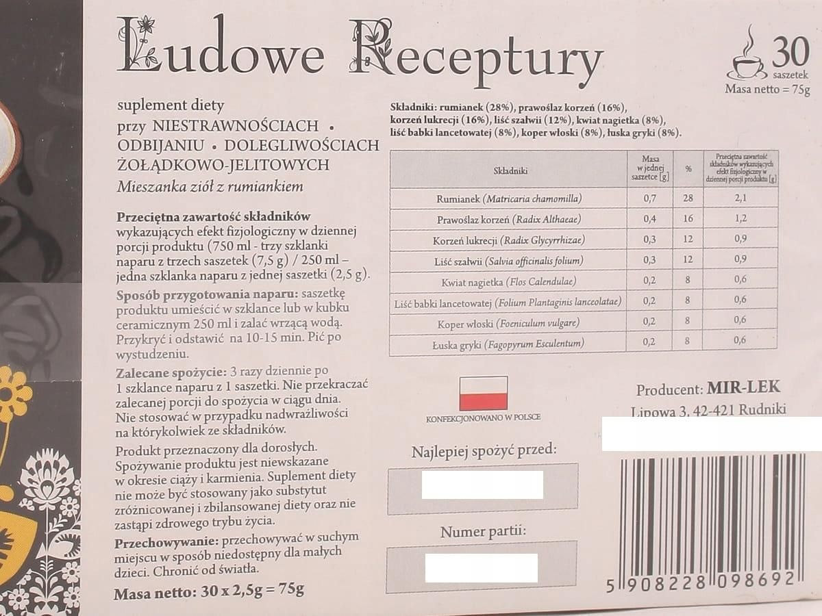 Mir-Lek Ludowe receptury refluks, zgaga, nadkwasota 30 sasz. - zdjęcie 1 Mir-Lek Ludowe receptury refluks, zgaga, nadkwasota 30 sasz.
