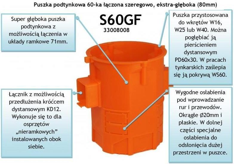 SIMET Puszka podtynkowa, szeregowa, ekstra-głęboka S60GF (33008008) - zdjęcie 3 SIMET Puszka podtynkowa, szeregowa, ekstra-głęboka S60GF (33008008)