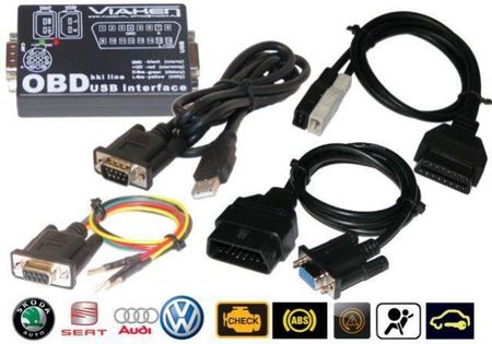 Viaken Interfejs diagnostyczny USB VAG z 2 liniami K (KKL) + kable: OBD1, OBD2, piny Interfejs VAG USB z kablami