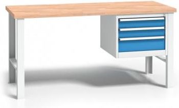 B2B Partner Stół warsztatowy z drewnianym blatem roboczym szary 1500x685 1x 3 szufladowy kontener (179195)