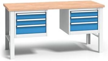 B2B Partner Stół warsztatowy z drewnianym blatem roboczym szary 2000x685 2x 3 szufladowy kontener (179209)