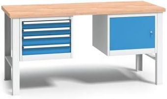 B2B Partner Stół warsztatowy z drewnianym blatem roboczym szary 1700x685 1x 4 szufladowy kontener 1x szafka (179212)