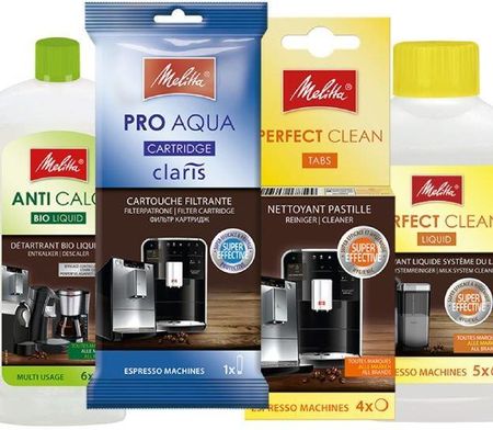 Amazon Melitta zestaw do pielęgnacji ekspresów do kawy, filtry do wody, odkamieniacz w płynie Anti Calc, tabletki czyszczące,