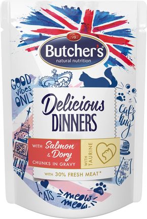 Butcher's Delicious Dinners Cat z łososiem i doradą kawałki w sosie 6x100g