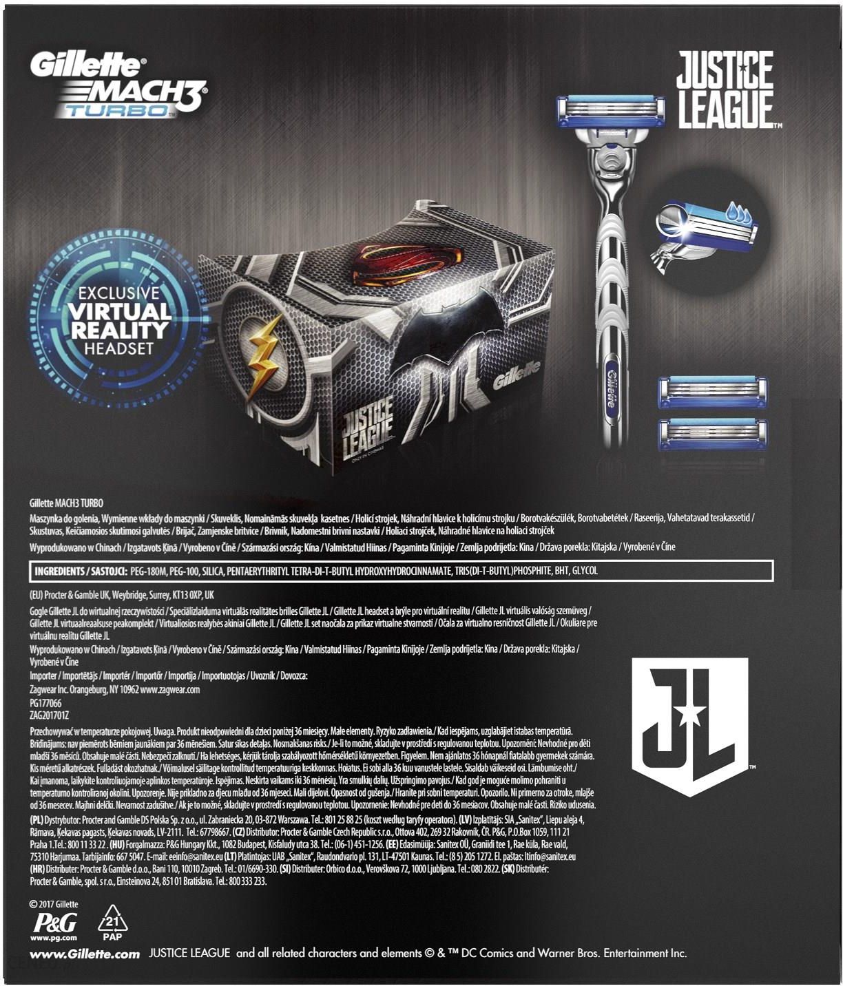 Gillette Mach3 Turbo Zestaw podarunkowy: Maszynka do golenia Justice League + 2 ostrza + Gogle VR