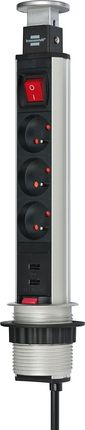 Brennenstuhl Przedłużacz biurkowy Tower-Power 3 gniazda + 2 x USB z wyłącznikiem 2m Czarny (1396201013)