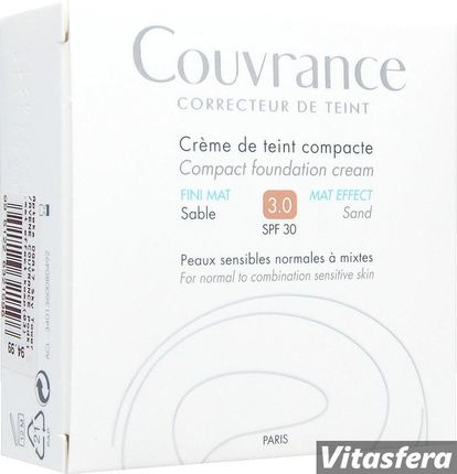 Avene Couvrance, podkład w kompakcie, Mat effect SPF 30, piaskowy 3.0, skóra wrażliwa normalna lub mieszana 10 g