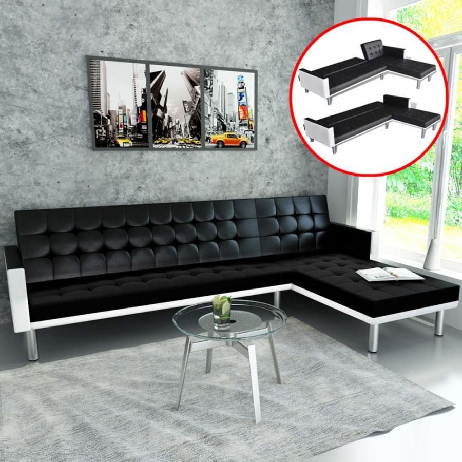 Vidaxl Sofa Narożna Z Funkcją Rozkładania Sztuczna Skóra Czarna - zdjęcie 2 Vidaxl Sofa Narożna Z Funkcją Rozkładania Sztuczna Skóra Czarna