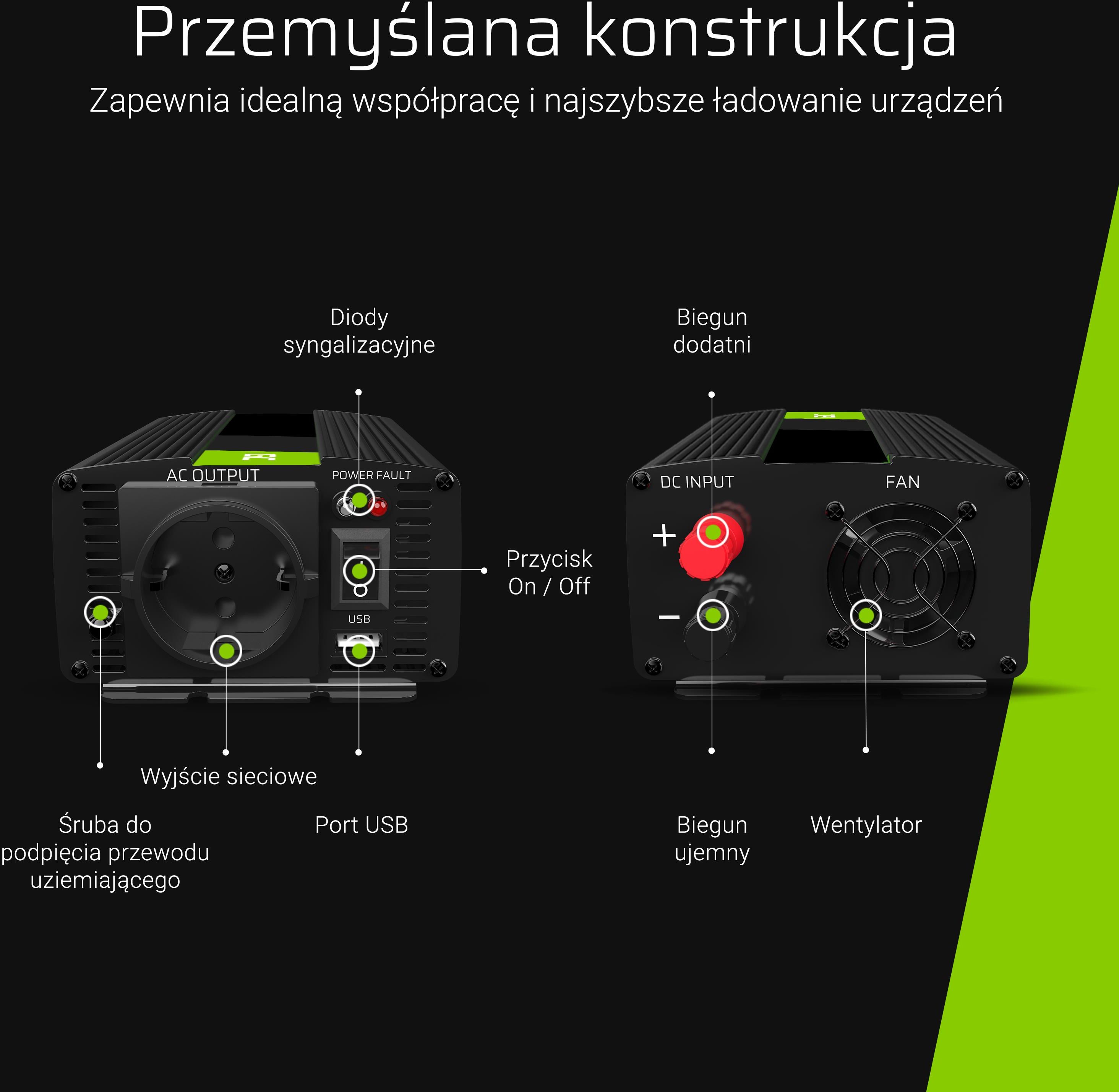 Green Cell Przetwornica napięcia Inwerter tryb UPS 12V na 230V Czysta sinusoida 300W/600W do Pompy centralnego ogrzewania (INV07)