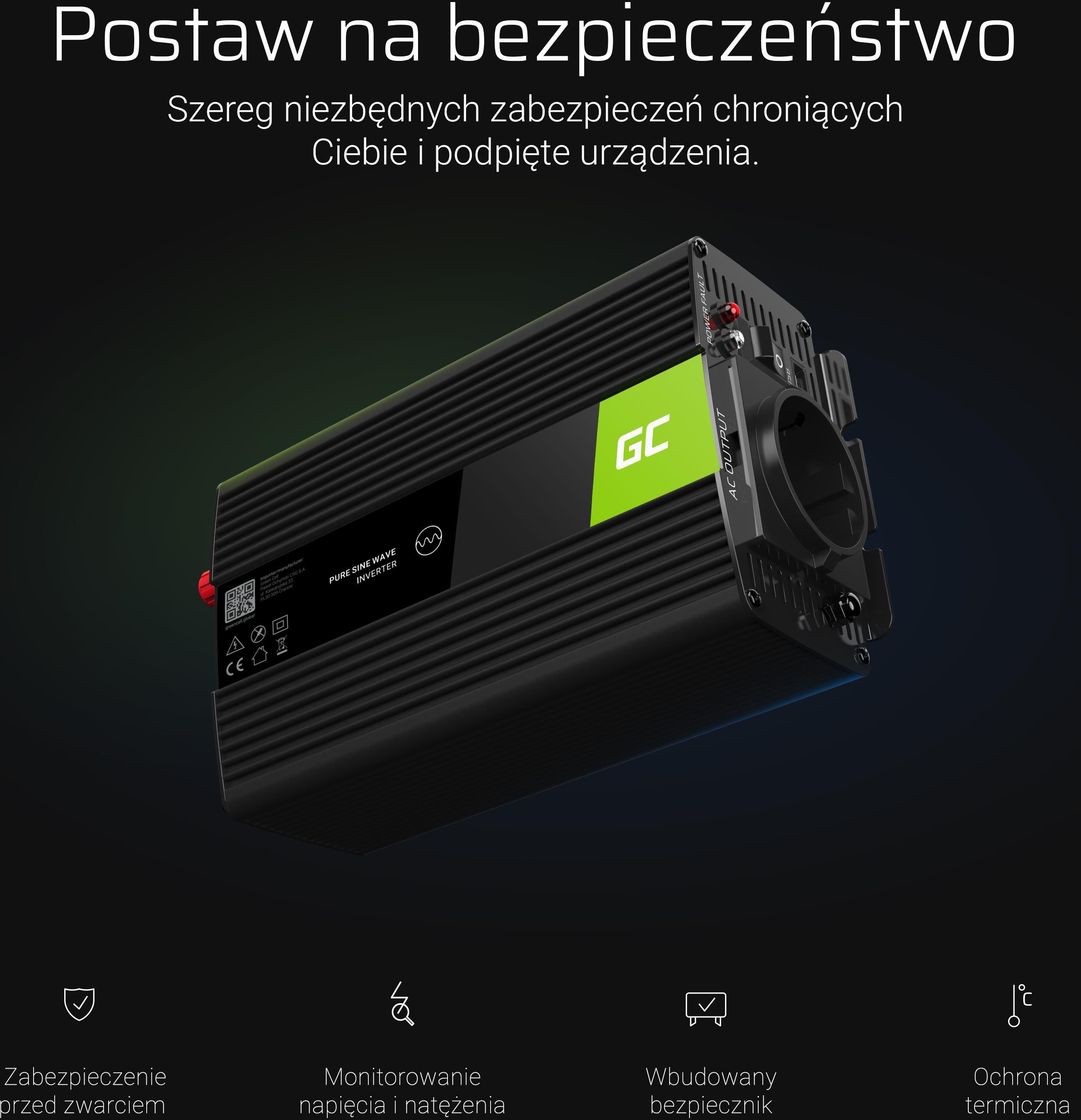 Green Cell Przetwornica napięcia Inwerter tryb UPS 12V na 230V Czysta sinusoida 300W/600W do Pompy centralnego ogrzewania (INV07)