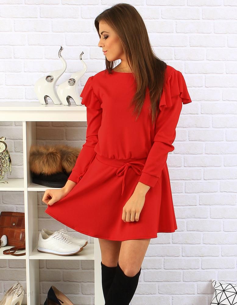 Czerwona sukienka z falbanami na ramionach (ey0223) - Czerwony - Ceny i  opinie 