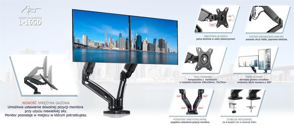 ART Uchwyt biurkowy do 2 monitorów LED/LCD 13-27" (L16GD) - zdjęcie 7 ART Uchwyt biurkowy do 2 monitorów LED/LCD 13-27" (L16GD)