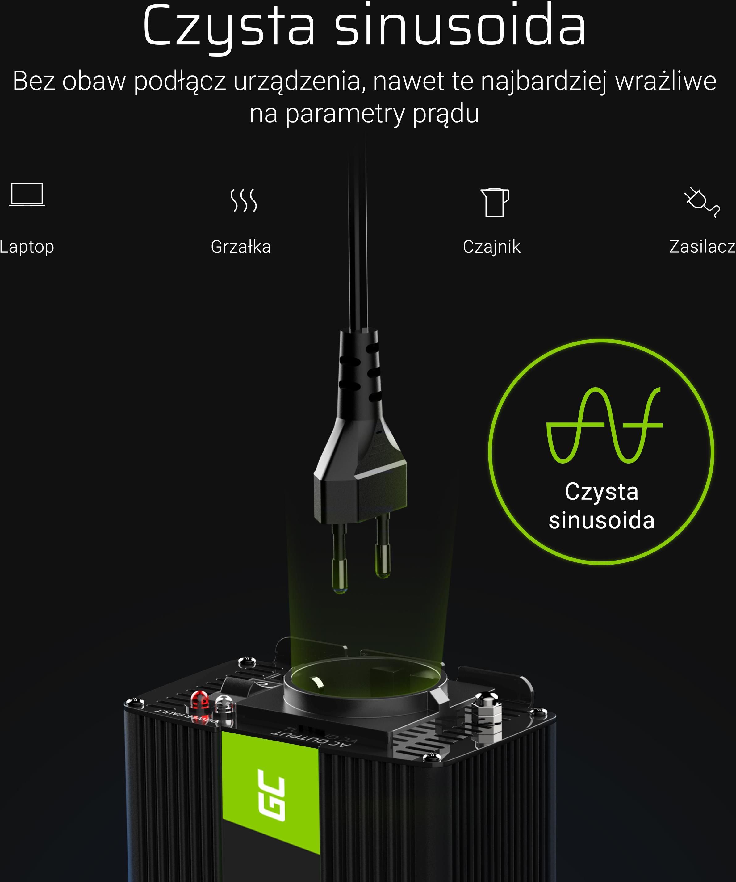 Green Cell Przetwornica Napięcia 12V Do 230V 1000W/2000W Czysta Sinusoida