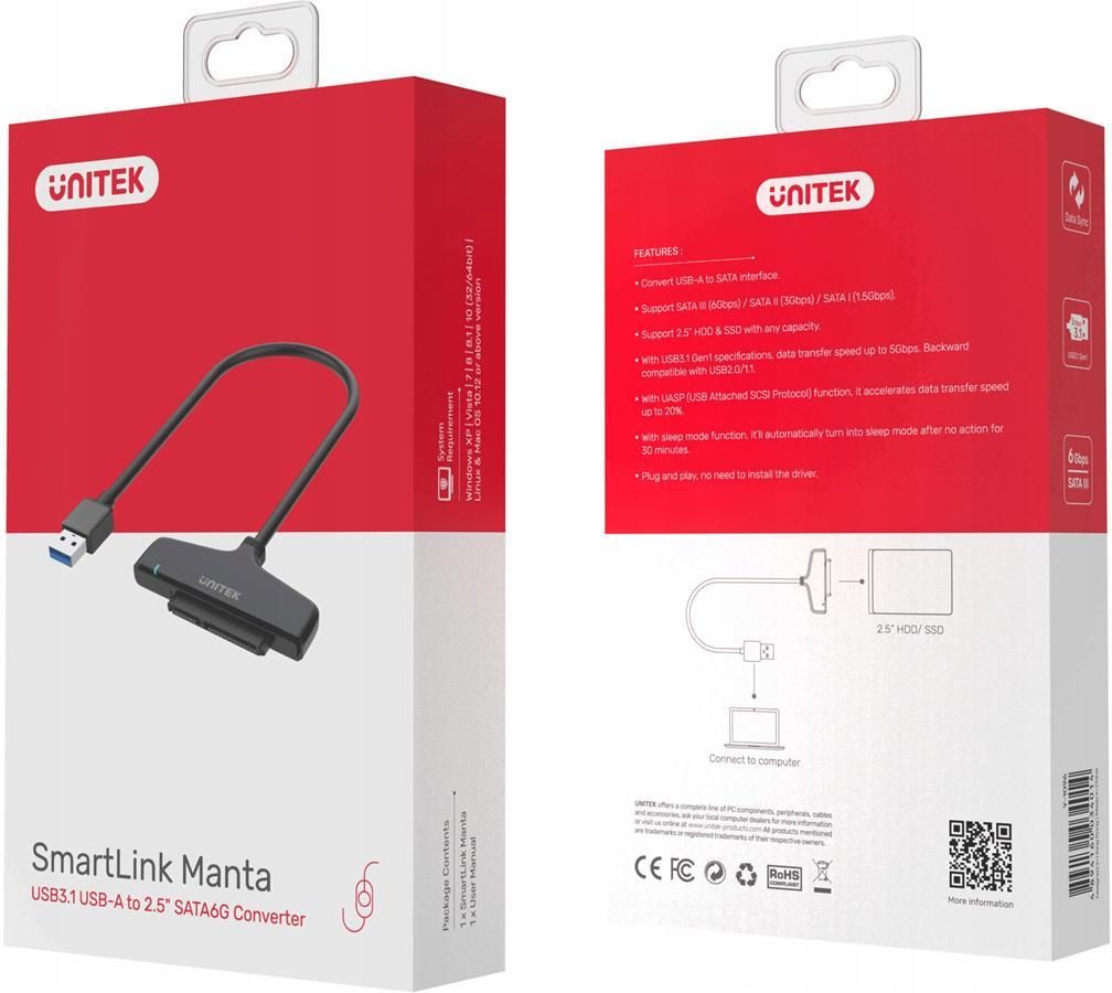 Unitek Mostek USB 3.0 do SATA III 6 Gbps (Y1096) - zdjęcie 3 Unitek Mostek USB 3.0 do SATA III 6 Gbps (Y1096)