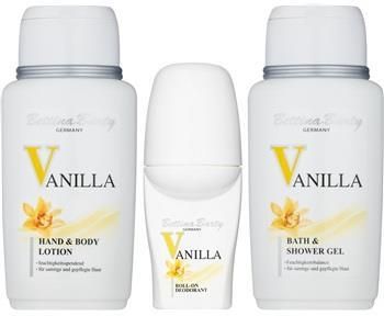 Bettina Barty Classic Vanilla żel pod prysznic i do kąpieli 150ml + dezodorant roll on 50ml + mleczko do ciała 150ml + torebka kosmetyczna