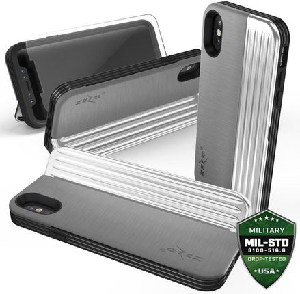 Zizo Retro Series Etui iPhone Xs/X z kieszenią na karty + podstawka + szkło 9H na ekran Gray/Silver (RET-IPH8-GRSL)