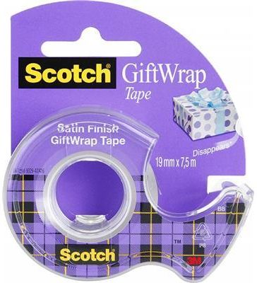 Taśma klejąca SCOTCH Gift Wrap, do pakowania prezentów, na podajniku, 19mm, 7,5m, transparentna