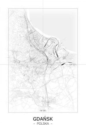 Gdańsk Czarno Biała Mapa 61X91,5Cm