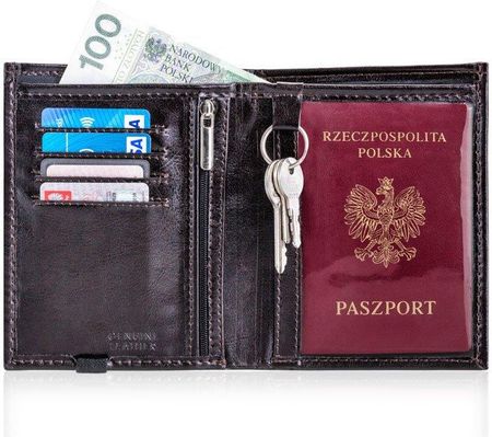 Skórzany portfel męski na paszport SOLIER SW07 ciemnobrązowy - Brązowy