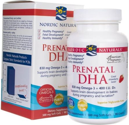 Nordic Naturals Prenatal DHA 830mg Omega-3 + 400 I.U. witamina D3 smak truskawkowy 90 kaps