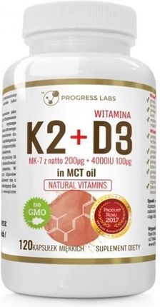 Progress Labs Witamina K2 VitaMK7 Z Natto 200mcg + D3 4000IU 100mcg w oleju MCT 120kaps.