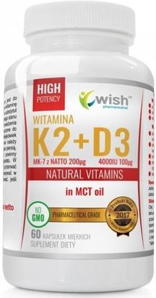 Wish Pharmaceutical Witamina K2 VitaMK7 Z Natto 200mcg + D3 4000IU 100mcg w oleju MCT 60kaps.