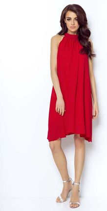 IVON Czerwona Zwiewna Koktajlowa Sukienka z Dekoltem Halter na Stójce
