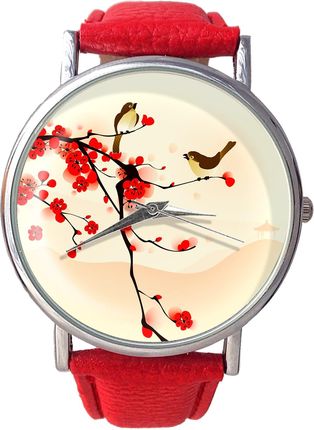 Skórzany zegarek z dużą tarczą Orientalne ptaszki