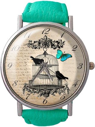 Skórzany zegarek z dużą tarczą Ptaki w klatce