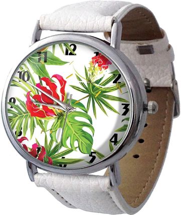 Skórzany zegarek z dużą tarczą Tropikalne kwiaty