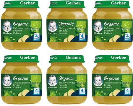 Gerber Organic Obiadek Zielony Groszek Brokuły Cukinia dla niemowląt po 4 Miesiącu 6x125g