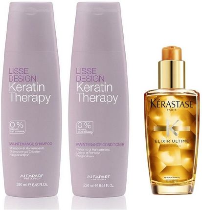Alfaparf Keratin Therapy Maintenance and Elixir Ultime do wygładzenia i odżywienia włosów szampon + odżywka 250ml + olejek 100ml