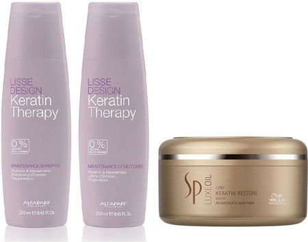 Alfaparf Keratin Therapy Maintenance and SP Luxe Oil Keratin Restore do wygładzenia i regeneracji włosów szampon + odżywka 250ml + maska 150