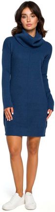 Niebieski Długi Sweter- Sukienka z Szerokim Golfem