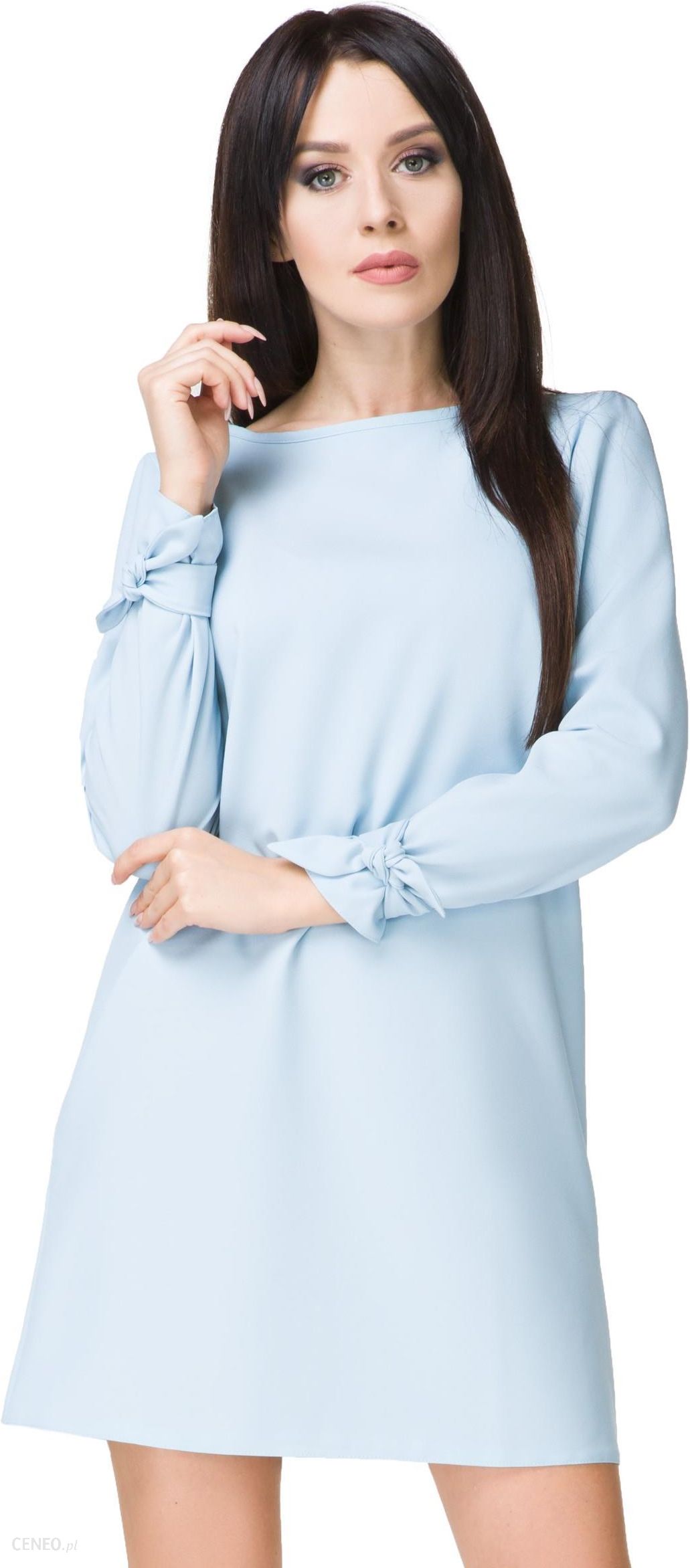 Elegancka prosta sukienka mini z wiązaniem na rękawach błękitna T194 - Ceny  i opinie 