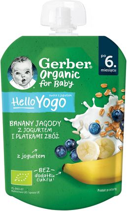 Gerber Organic Deserek W Tubce Banany Jagody Z Jogurtem I Płatkami Zbóż dla niemowląt po 6 miesiącu 80g