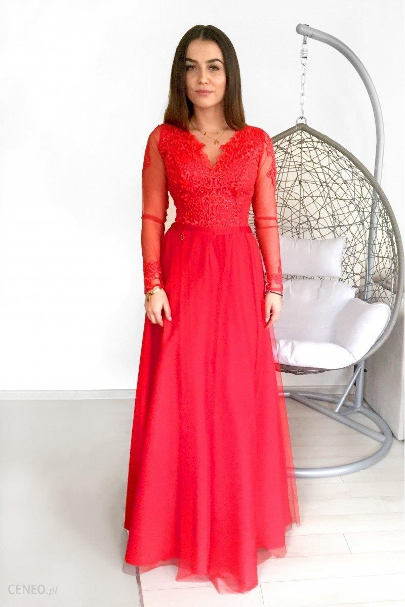 Bicotone Sukienka MAXI z długim rekawem i koronką - STAR - czerwona,  Rozmiar: XS - Ceny i opinie 
