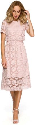 MOE Różowa Koronkowa Rozkloszowana Midi Sukienka z Krótkim Rękawem