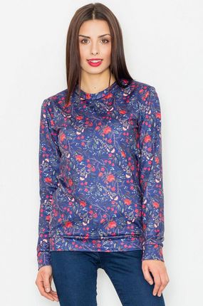 Figl Granatowa Klasyczna Bluza w Kolorowe Kwiaty
