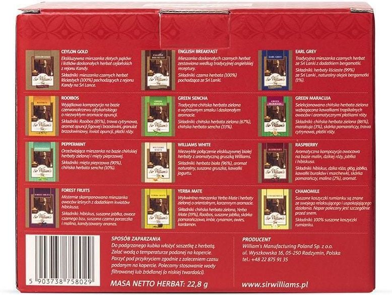 Sir William's Prezenter Z Herbatą 12 smaków x 15 szt - 180 sztuk - zdjęcie 3 Sir William's Prezenter Z Herbatą 12 smaków x 15 szt - 180 sztuk