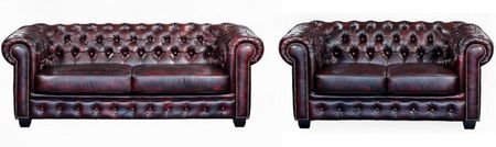 Linea Sofa Komplet Wypoczynkowy Typu Chesterfield 3+2 Brenton Ze Skóry Bawolej Cherry