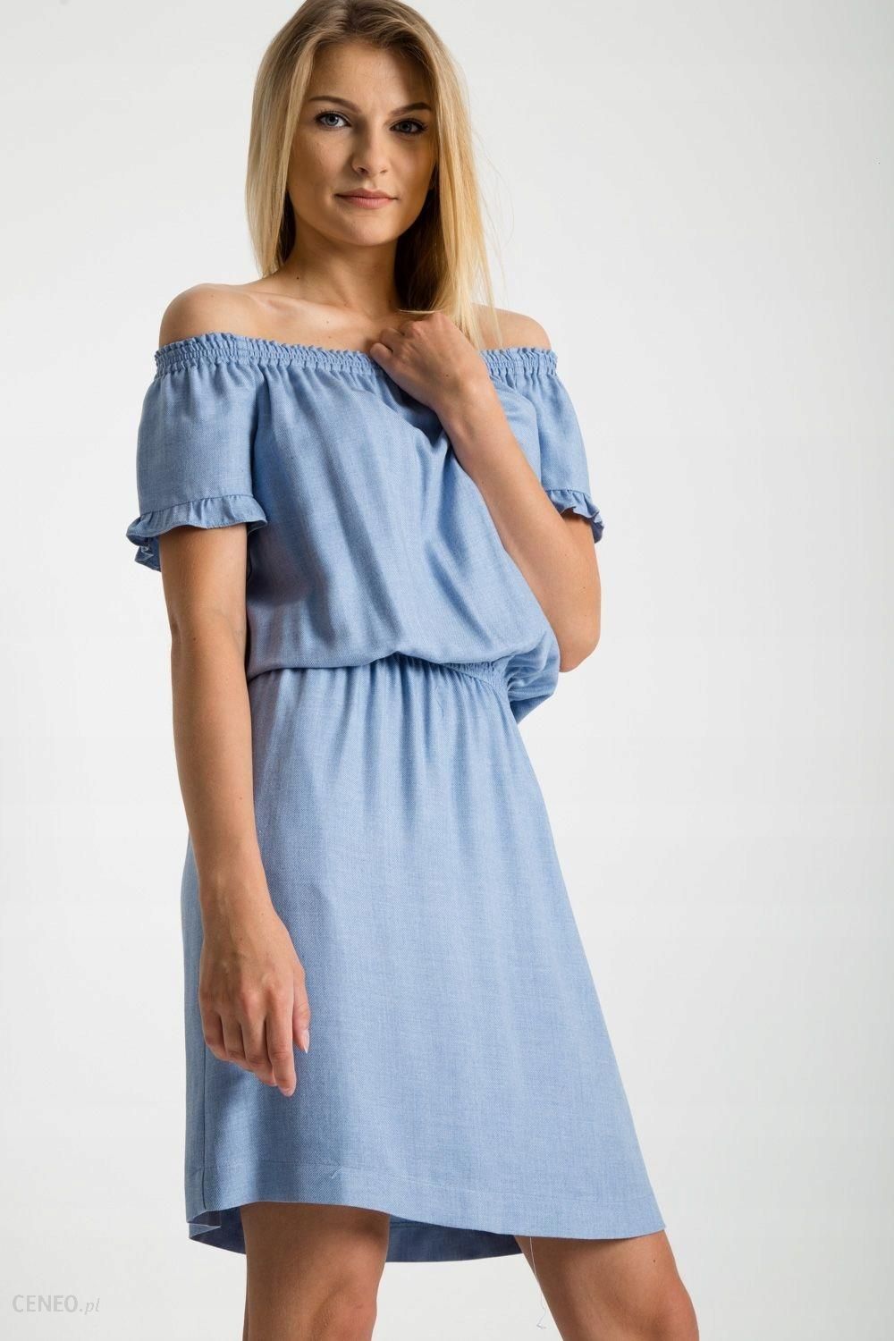 Bialcon Błękitna sukienka ze ściągaczem w talii - Ceny i opinie 
