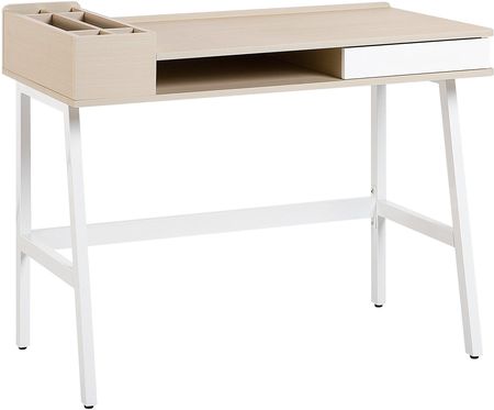 Beliani Nowoczesne biurko z szufladą metalowa rama białe jasne drewno Paramaribo