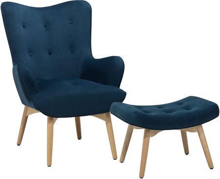 Beliani Pikowany fotel z podnóżkiem welurowy niebieski drewno kauczukowe retro Vejle