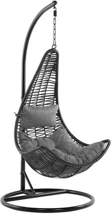 Beliani Fotel wiszący ze stojakiem rattanowy czarny z szarymi poduszkami bujak Atri