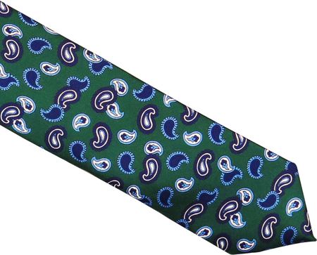 Zielony krawat jedwabny - niebieski paisley R34