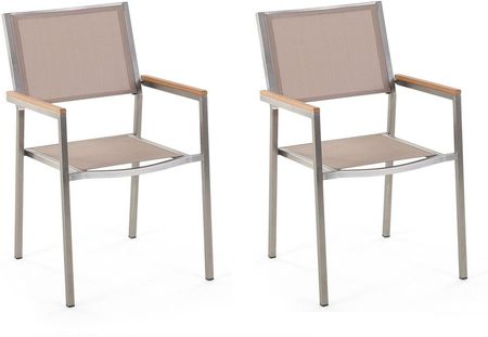 Beliani Zestaw 2 krzeseł ogrodowych stal nierdzewna beżowy materiał jadalniane Grosseto