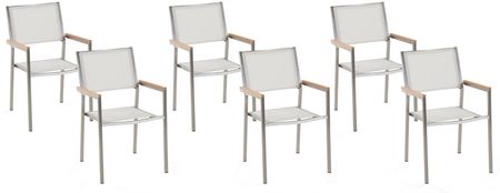 Beliani Zestaw 6 krzeseł ogrodowych stal nierdzewna biały materiał jadalniane Grosseto