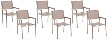 Beliani Zestaw 6 krzeseł ogrodowych stal nierdzewna beżowy materiał jadalniane Grosseto